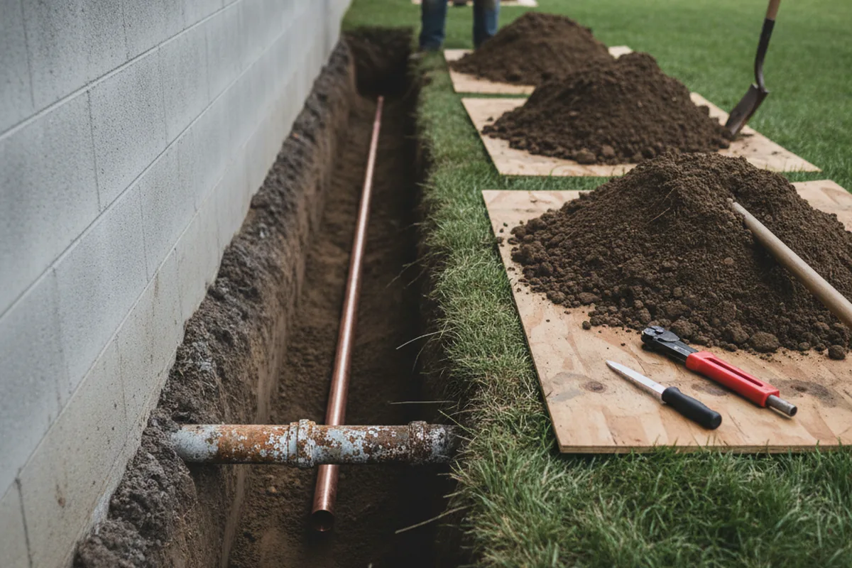 Excavated water line trench during Water Heater Repair in Petrolia